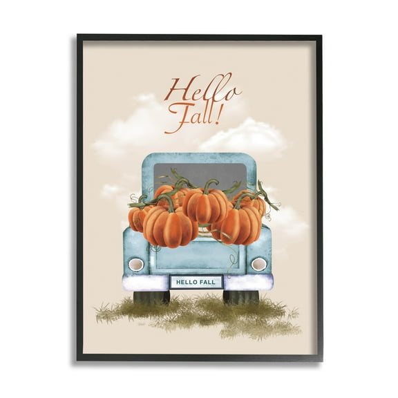 Hello Fall Seasonal Autumn Pumpkins Holiday Graphic Art Black Framed Art Print Wall Art