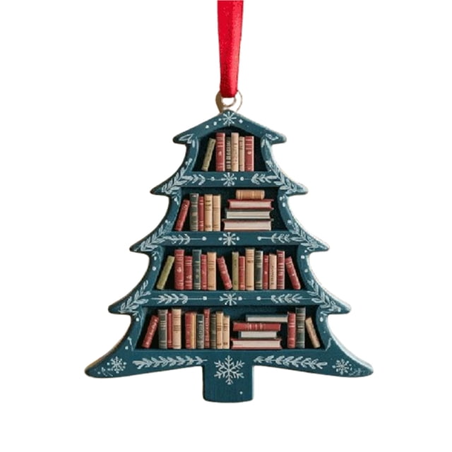 Artículos De Vacaciones Adorno navideño de madera para árbol de libros, recuerdo literario para amantes de los libros y lectores, pieza única verde Rkxzt