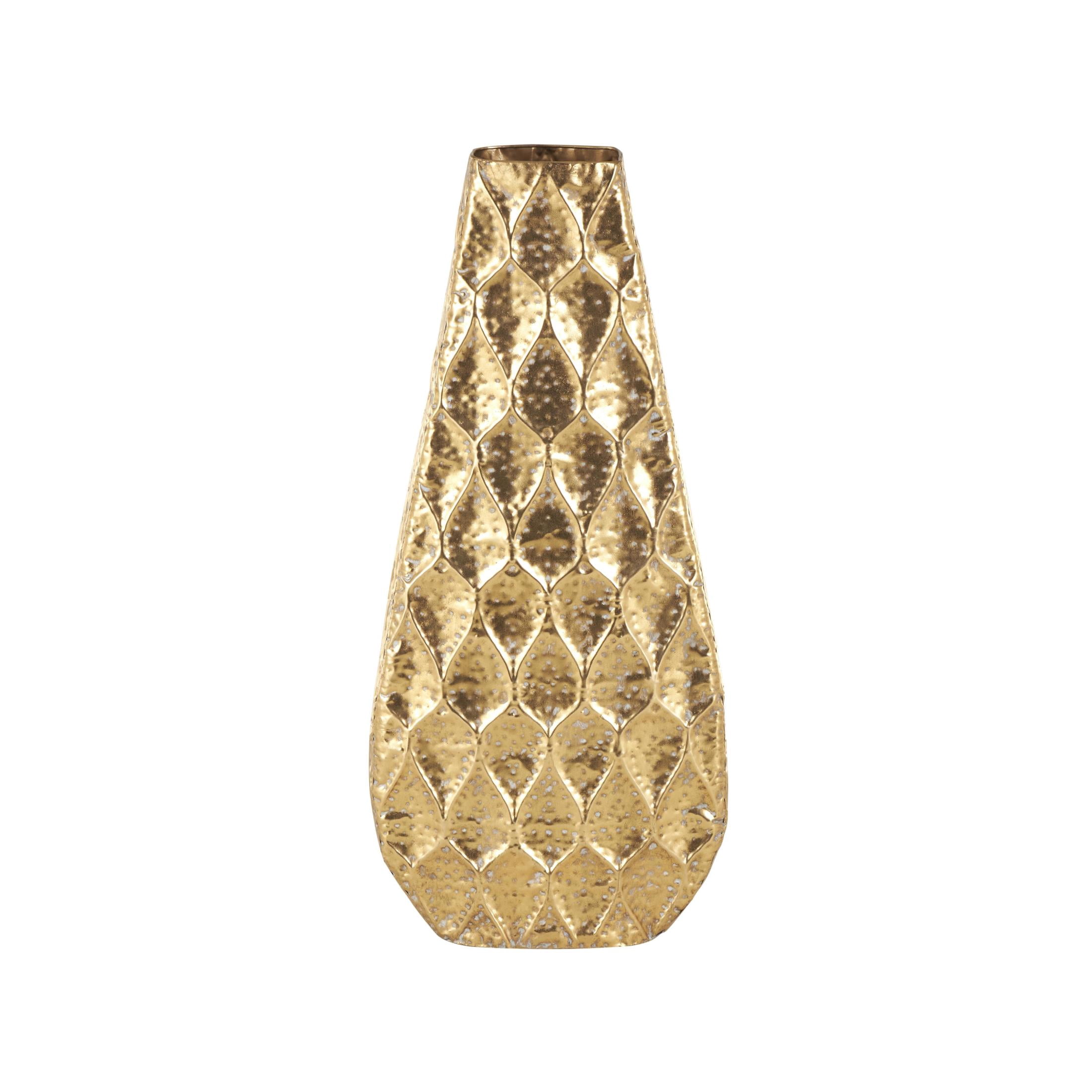 DecMode 34" Textured Concaved Teardrop Gold Metal Vase with Peacock Inspired Design