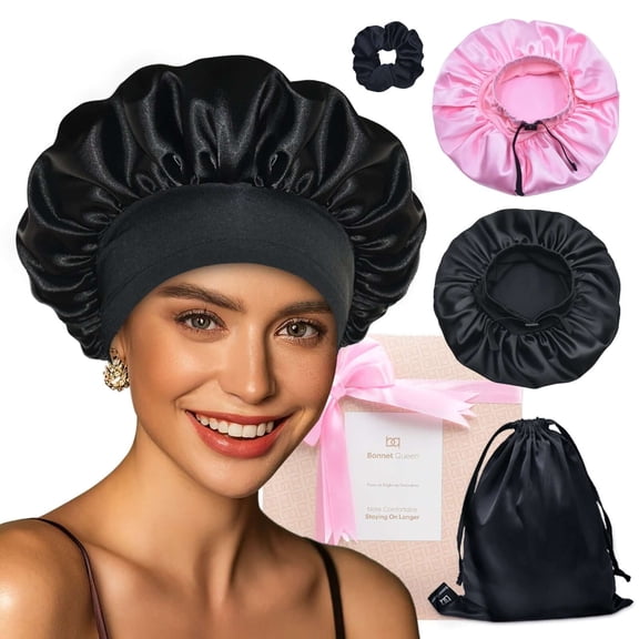 Elastic band adjustable Silky Satin Bonnet (Black Pink, 4pcs Item Gift Pack)