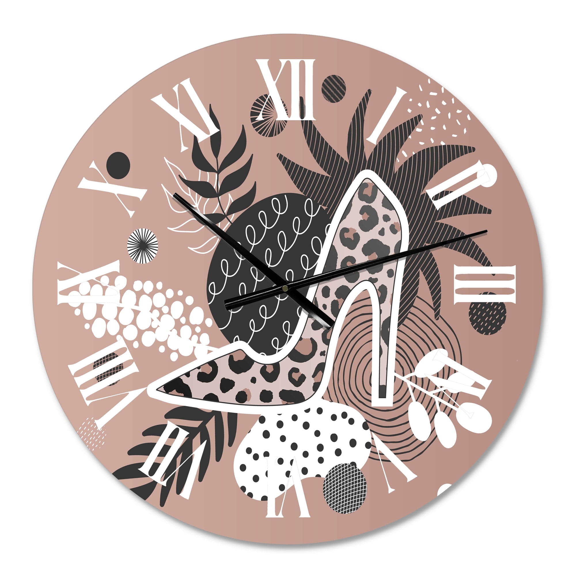 Designart 'Leopard High-Heeled Shoes Tropical Leaves' Modern Wall Clock