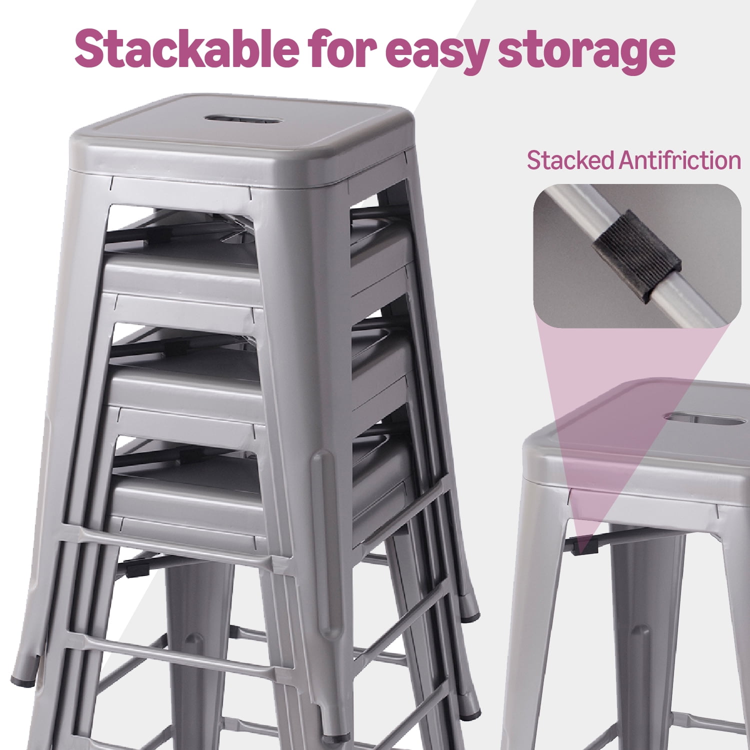 VOLIX 24inches Gray Stackable Metal Bar Stool Backless Indoor-Outdoor Counter Stools Set of 4