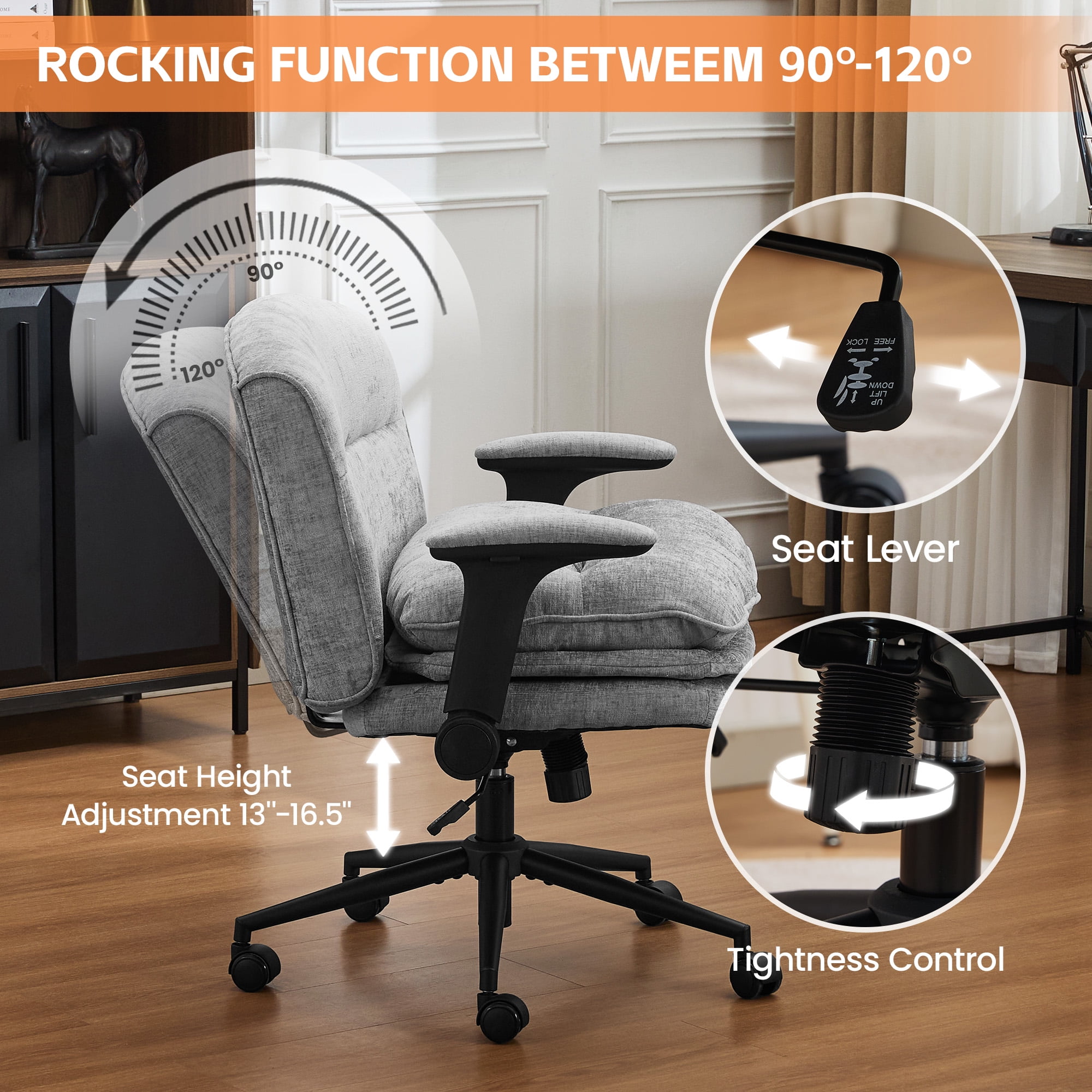 DOMICARE Criss Cross Chair with Flip-Up Arms, Wide Cross-Legged Office Chair with Wheels, Swivel Vanity Desk Chair, Gray Chenille
