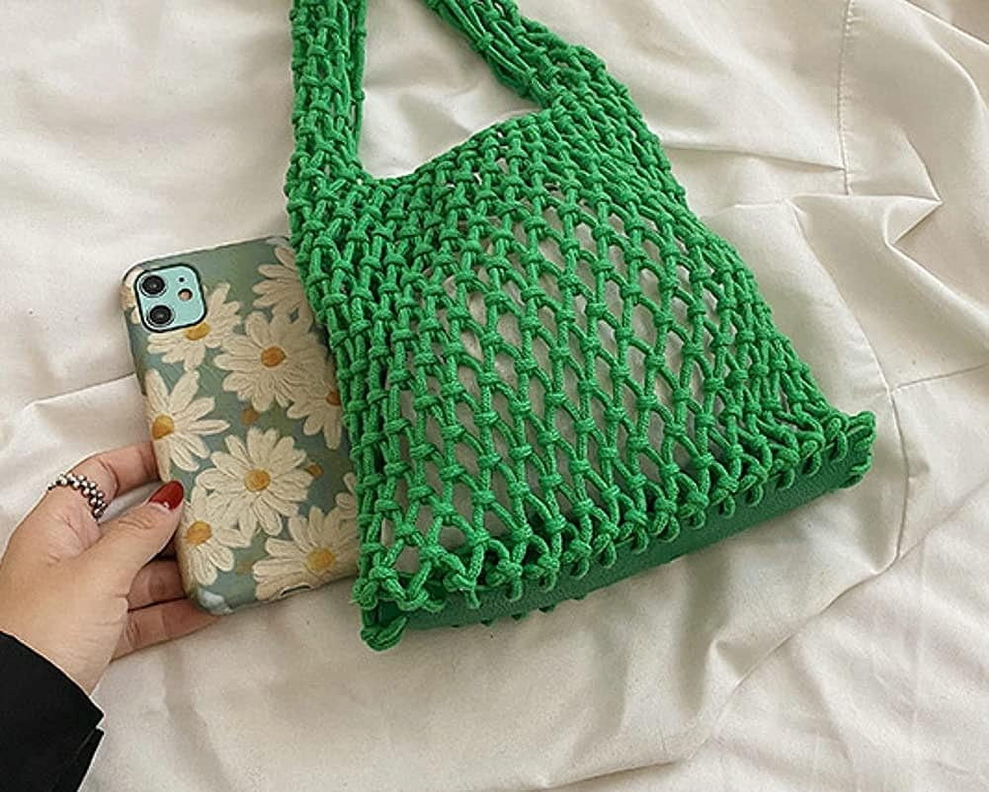 Kukuzhu Women Small Crochet Tote Handbag Cotton Top Handle Bag Summer Mesh Beach Bag Drawstring Fishing Net Bag Clutch Handbag