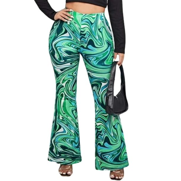 MAWCLOS Women Flare Pant Elastic Waisted Palazzo Pants Color Block Bell  Bottom Oversized Running Plus Size Leggings Green 4XL 