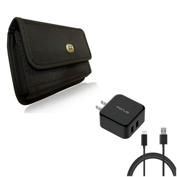 Black Rugged Canvas Phone Case w 30W 2-Port Home Quick Charger 6ft USB Fast Type-C Cable Y3Q for OnePlus 5T, 6, 6T - Razer Phone 2 - Samsung Galaxy S9 , S8 , S10  - Sony Xperia XZ3