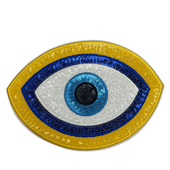 Evil Eye Iron on Patches Large Sequins Yellow Blue Embroidered Sewing Applique