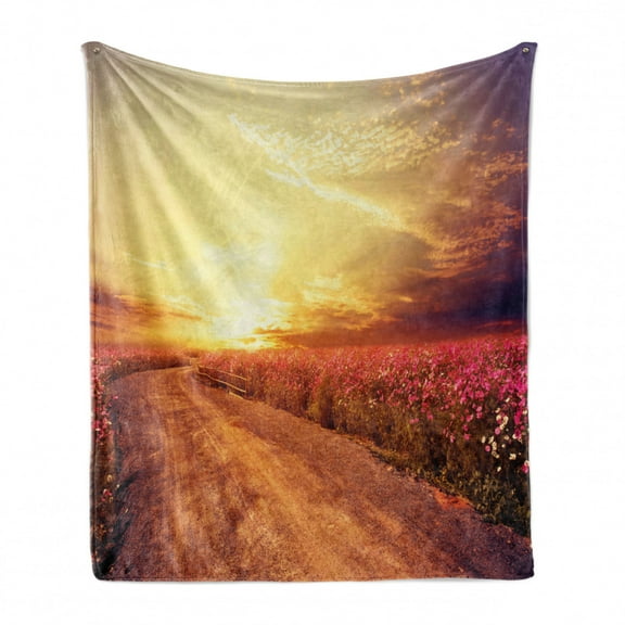 Scenery Soft Flannel Fleece Throw Blanket, Floral Theme Landscape of Cosmos Flower Field in Sky Sunset Illustration, Cozy Plush for Indoor and Outdoor Use, 50" x 70", Orange and Yellow, by Ambesonne