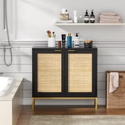 Eumyviv Modern Accent Sideboards Cabinets with 2 Rattan Doors, Mid-Century Buffets Storage Credenzas for Bedroom Living Room, Black H0046