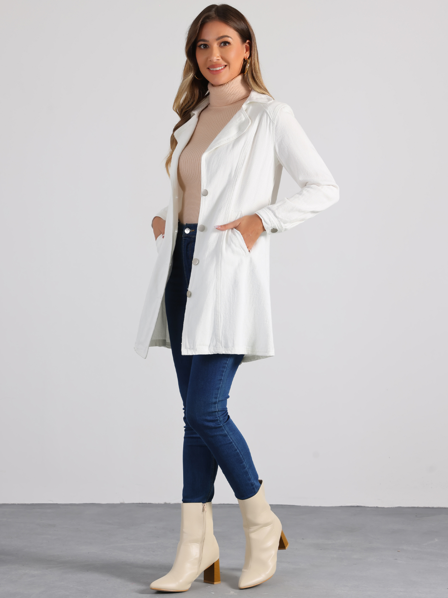 DARING DIVA Trench Jean Notched Lapel Long Sleeve Denim Jacket XL White