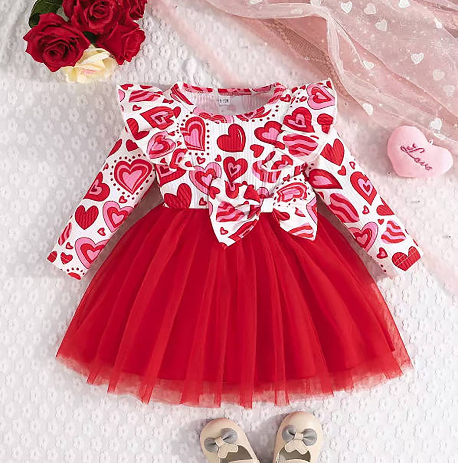 Tisuna Baby Girl'S Valentine Dress Heart Print Long Sleeve Crew Neck Dresses Elegant Cute Toddler Girls Festival Spring Casual Tulle Dress Red Size 9-12 Months