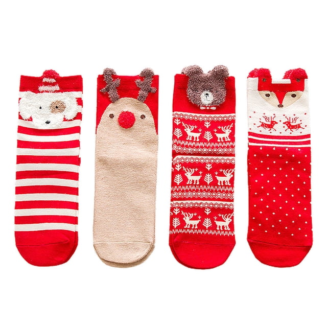 4 pares de calcetines navideños Medias de dibujos animados del festival Calcetín navideño (rojo mixto)