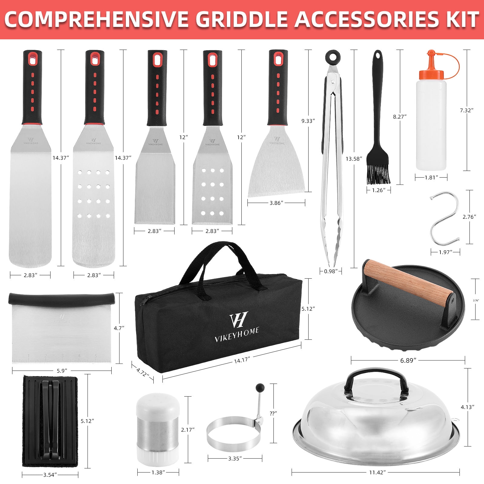 28PCS Griddle Accessories Kit, Flat Top Grill Accessories Set for Blackstone and Camp Chef, Grill Spatula Set with Enlarged Spatulas,Round Bacon Press, Basting Cover, Scraper for Outdoor BBQ