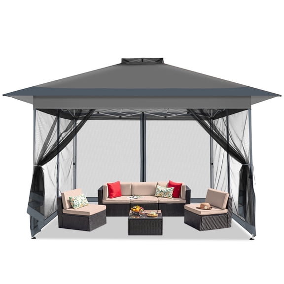 HOTEEL 13x13 Pop Up Gazebo, Outdoor Patio Gazebo with Double Tier Vented Roof & Mosquito Netting, 3 Adjustable Heights Instant Canopy Tent for Backyard, Garden, Party and BBQ, Gray