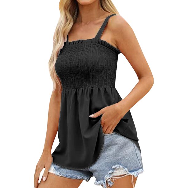 Playeras,Blusas y Tops,Ropa para Mujer Gimnasio Tank Tops Mujer Mujeres Casual Moda Sólido Multicolor Plisado Pecho Envuelto Sin Mangas Camiseta Sin Mangas (Black, L)