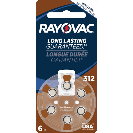 Rayovac Size 312 Hearing Aid Battery Mercury Free Batteries, 6-Pack, L312ZA-6ZM4B