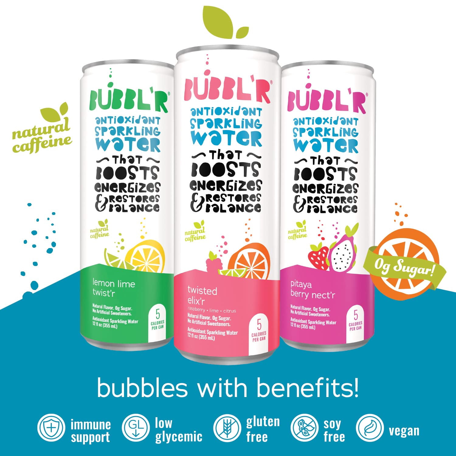 BUBBL'R Sparkling Water, 3 Flavors with Natural Caffeine, Antioxidants, 0 Sugar - 12 Fl Oz Cans, 12 Count