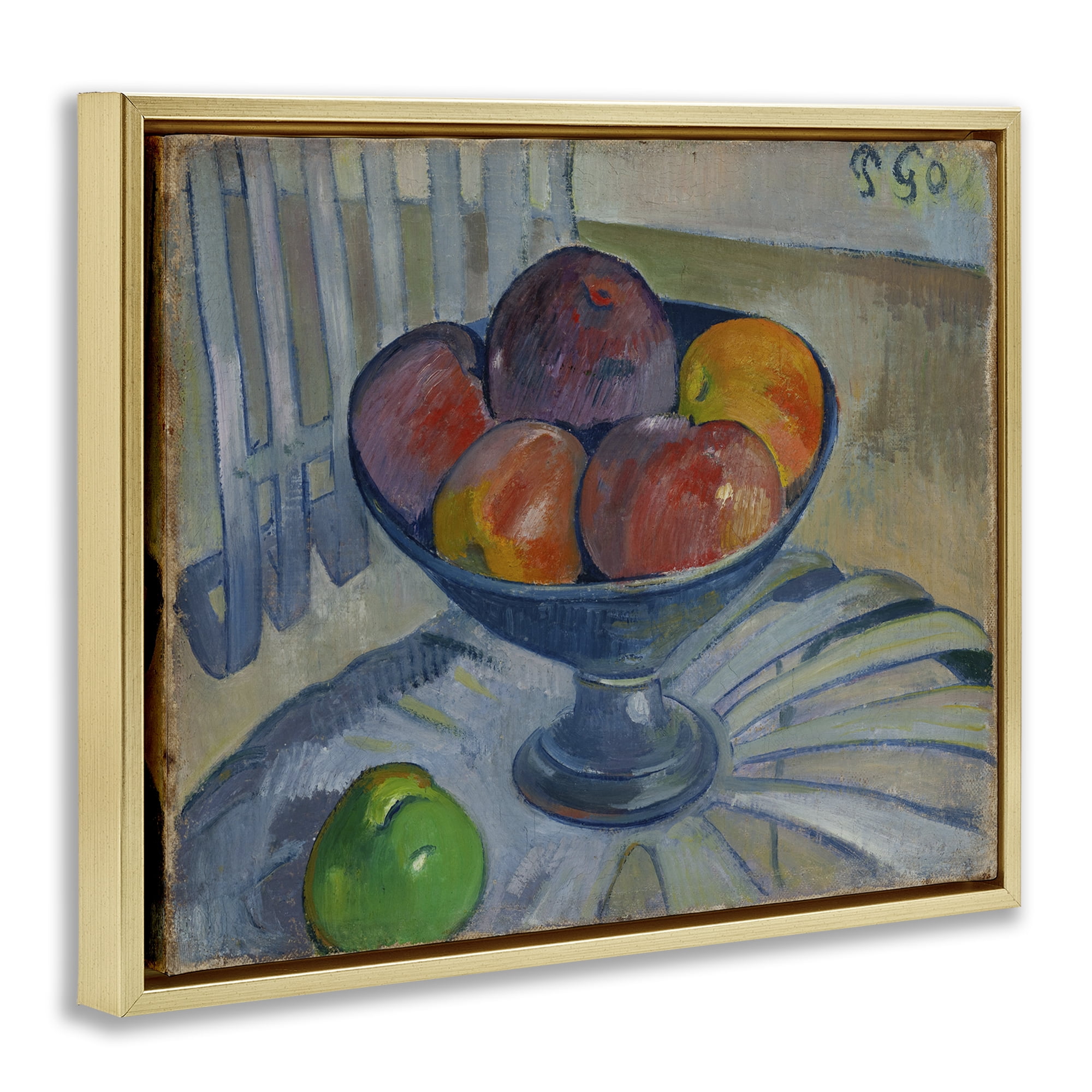 Stupell Industries Classic Fruit Dish on Garden Chair Food & Beverage Painting Gold Floater Framed Canvas Art Print Wall Art, 21 x 17