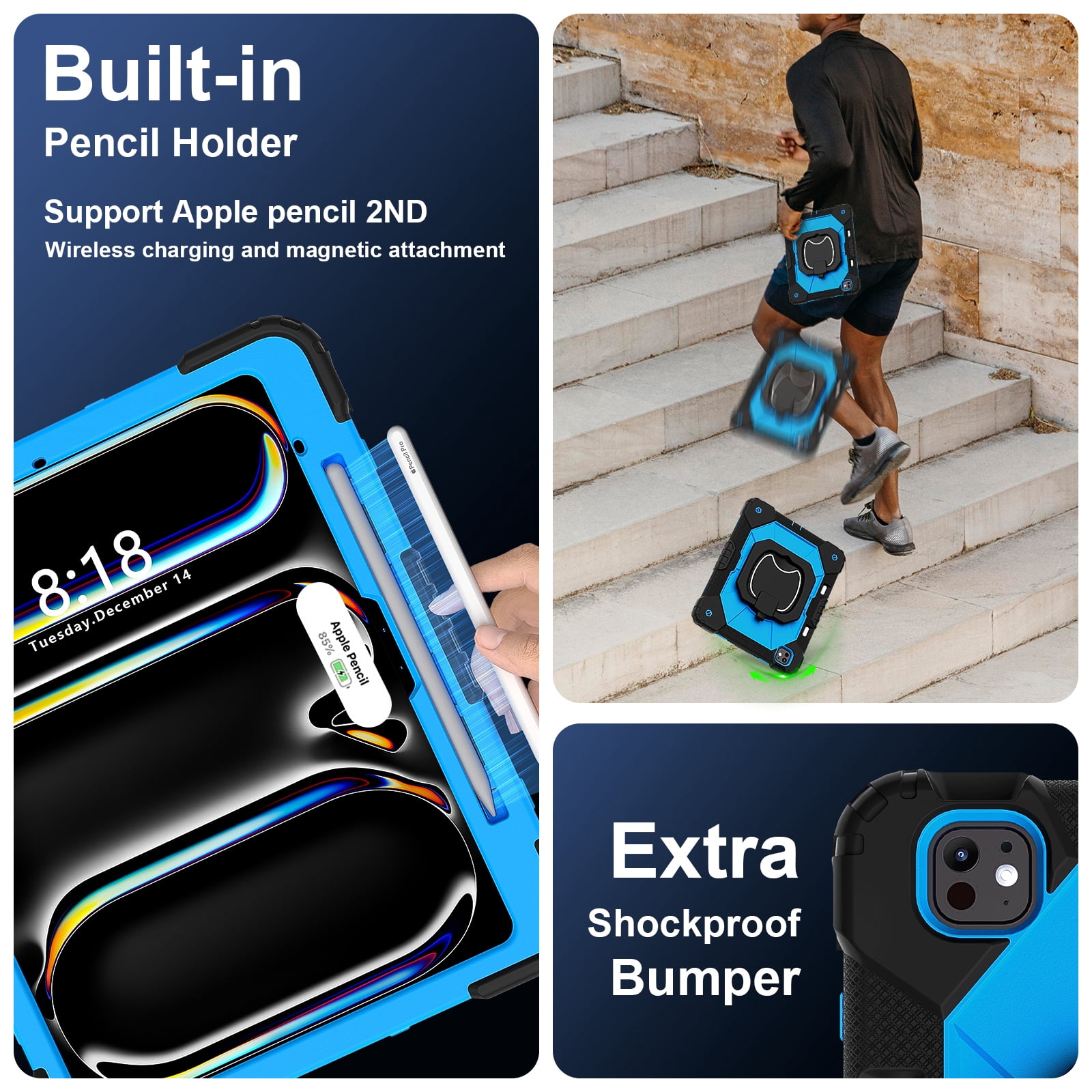 Decase Kids Case for Apple iPad Pro 13 13-inch (M5)(M4) 2025/2024,Shockproof Rotatable Stand Cover,Detachable Shoulder Strap,Rugged 3-Layer Tablet Shell with Pen Holder,Black+Blue