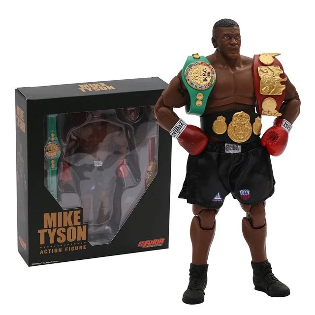 Storm Collectibles 'Iron' Mike Tyson 1/12 Scale PVC Collection Action Figure Figurine Toy Model. This collectible toy stands approximately 18cm tall, showcasing detailed boxing attire, championship belts, and red gloves. The figure is displayed next to its branded original packaging, ideal for fans of Western animation and action figures.