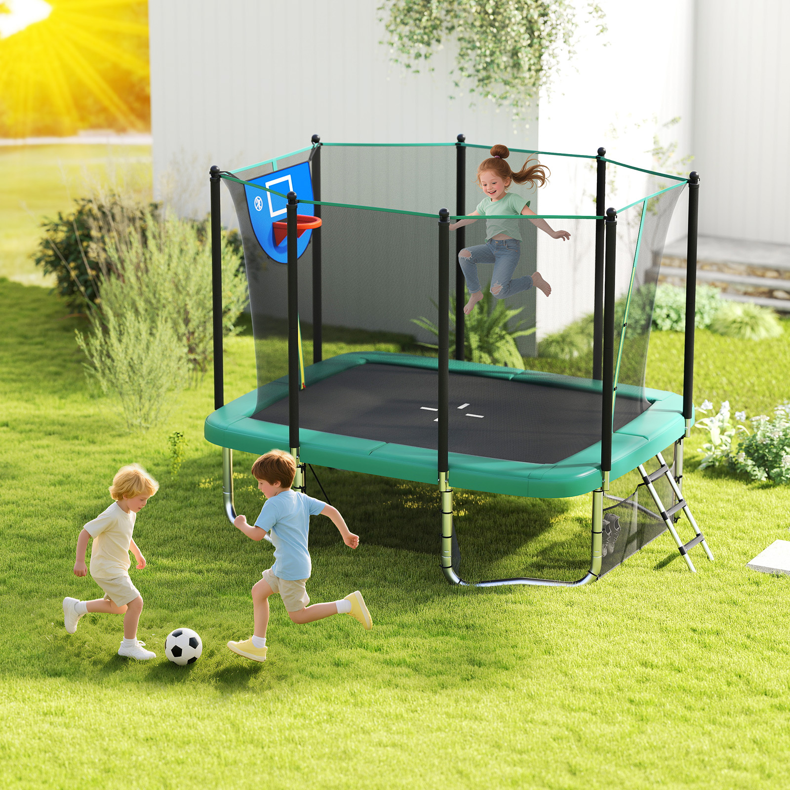 Gymax 10 x 8 FT Heavy-Duty Trampoline w/Basketball Hoop Soccer Goal Non-Slip Ladder Green