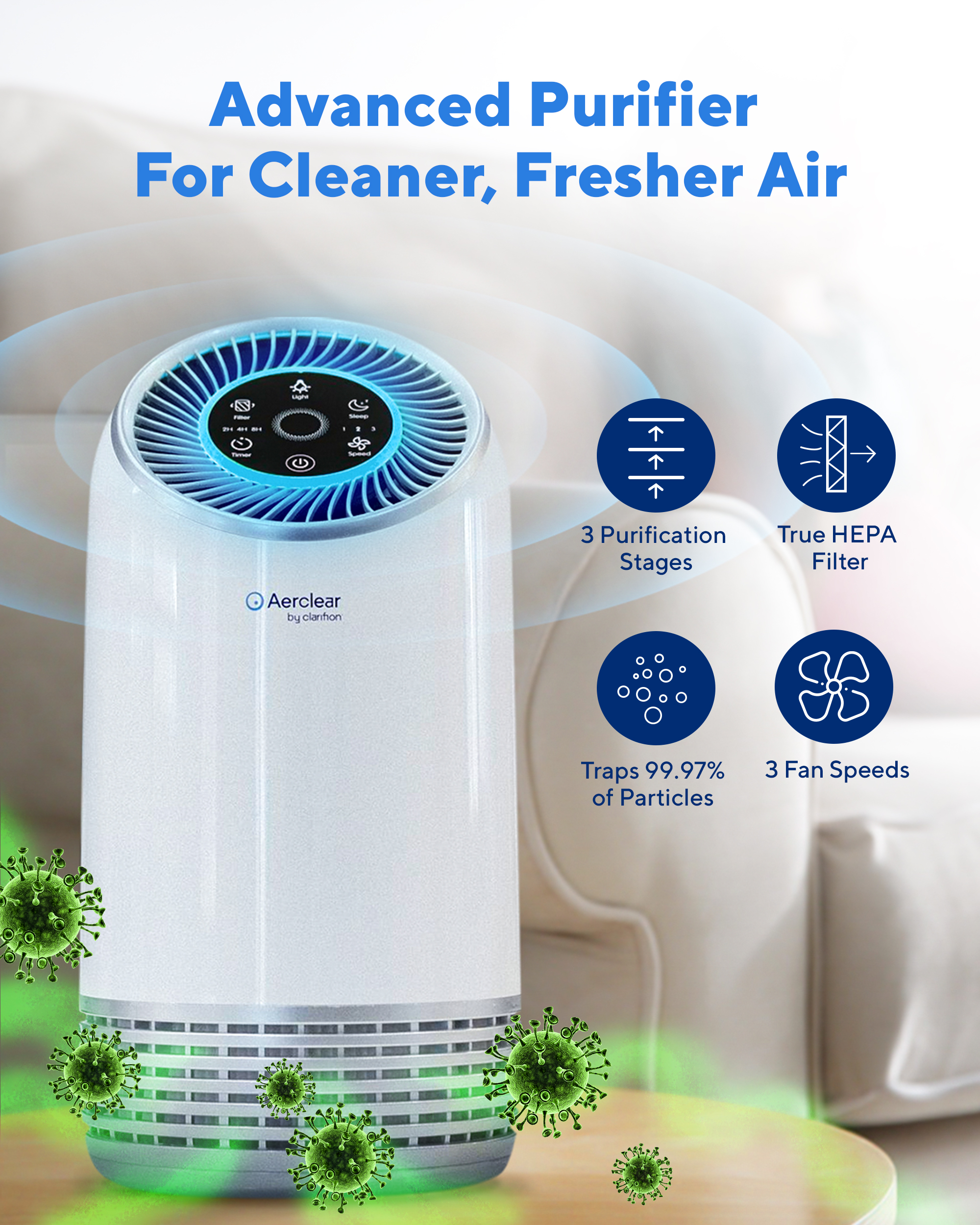 Clarifion AerClear Air Purifier, True HEPA Filter 3-Stage Filtration Low  Noise
