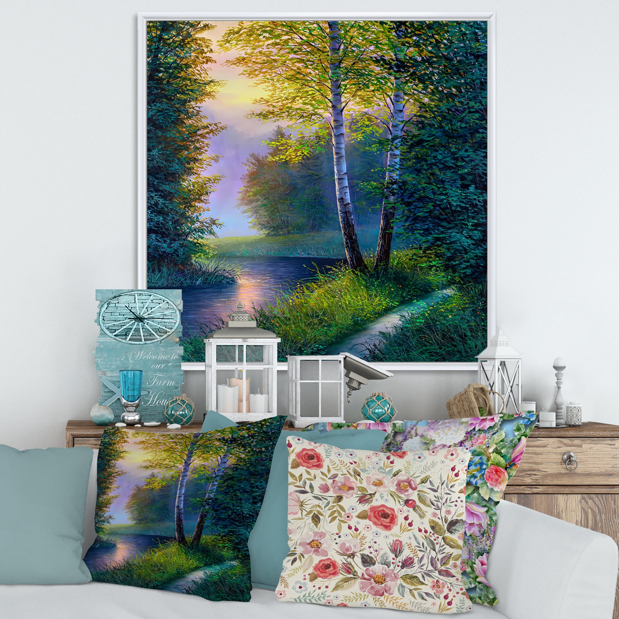 Designart 'Sunrise Glow Through The Birch Forest' Lake House Framed Canvas Wall Art Print
