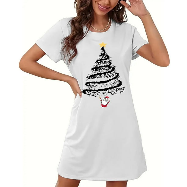 Camisón corto navideño para mujer, talla grande, con cuello redondo estampado y mangas cortas en el pecho.