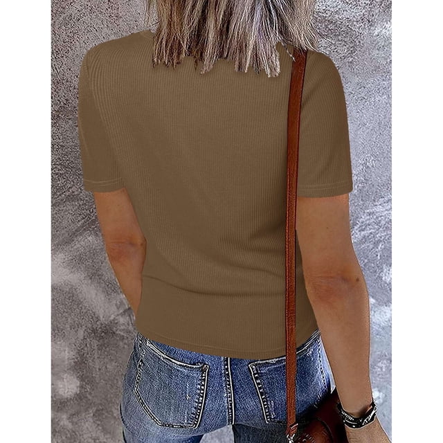 Blusa de manga corta, cuello en V y manga corta Blusa de cuello en V y manga corta Camisa de punto acanalado con cuello en V Rendimiento comprobado