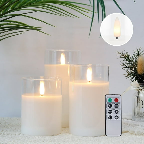Set of 3 Flameless Flickering LED Candles, Electric Pillar Battery Candles, Battery Powered Pillar with Remote and Timer (Glass Cylinder)