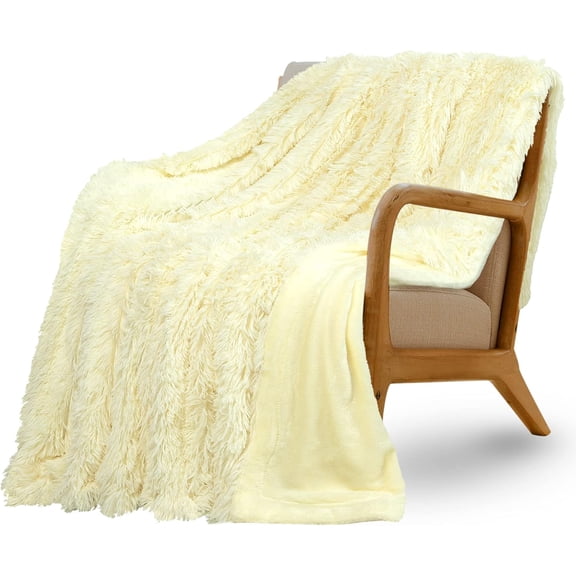 ZHIMEI-Fluffy Twin Size Blanket, Lightweight Faux Fur Blanket, Shaggy Fuzzy Breathable Blanket for Couch,Bed,Sofa, 70" x 78",Light Yellow