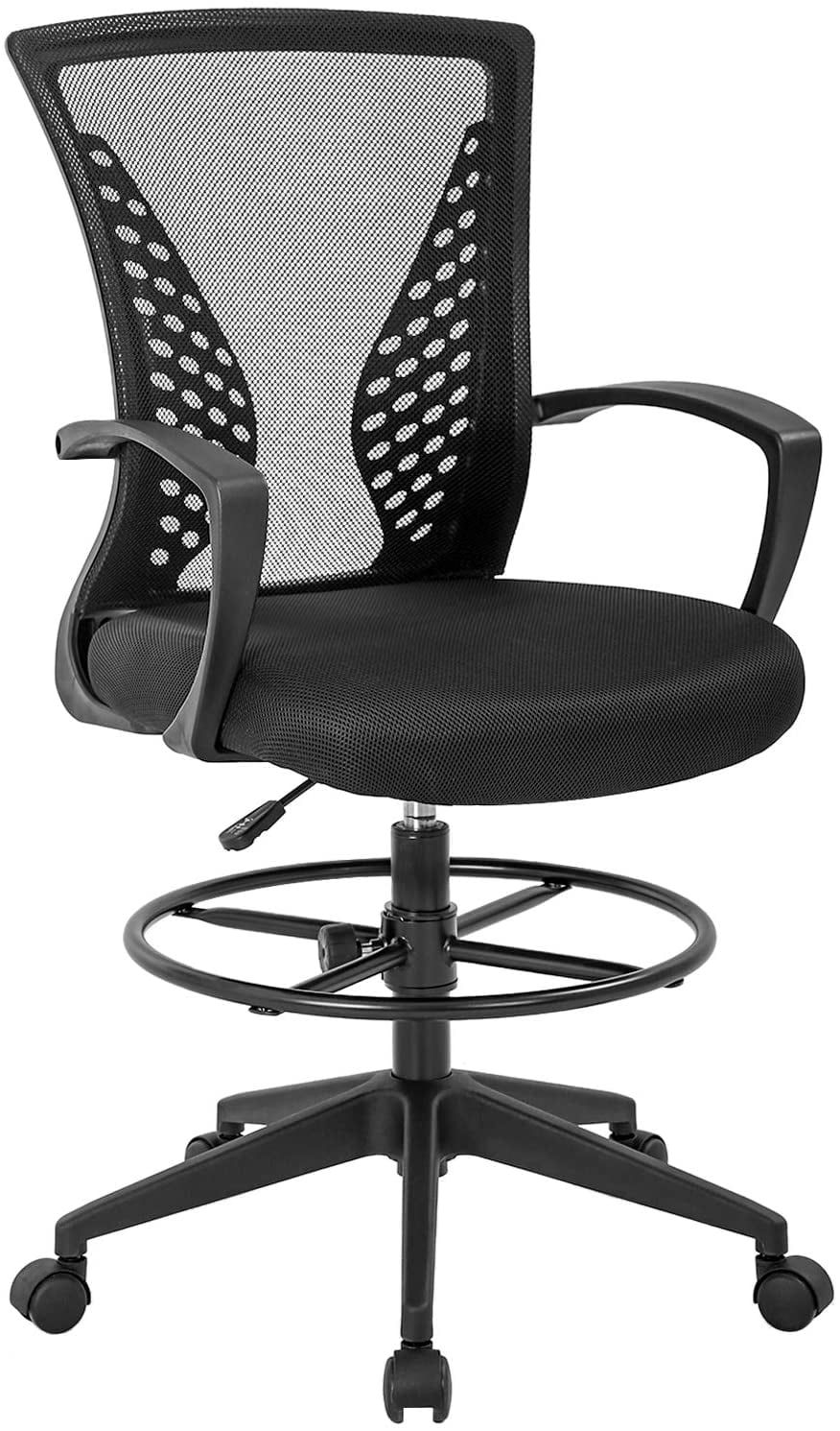 Black Drafting Chair Tall Office Desk Chair for Standing Desk,Mesh Adjustable Height Drafting Stool with Flip Up Arms Foot Rest Lumbar Support,Mid-Back Ergonomic Computer Executive Rolling Chair 