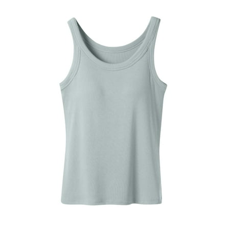 Ribbed Cotton Tank Top with Built in Bra for Women Shelf Bra Camisole Tops Workout Tops Cami Bra Padded Tank Top Sports Bras Light Gray XL