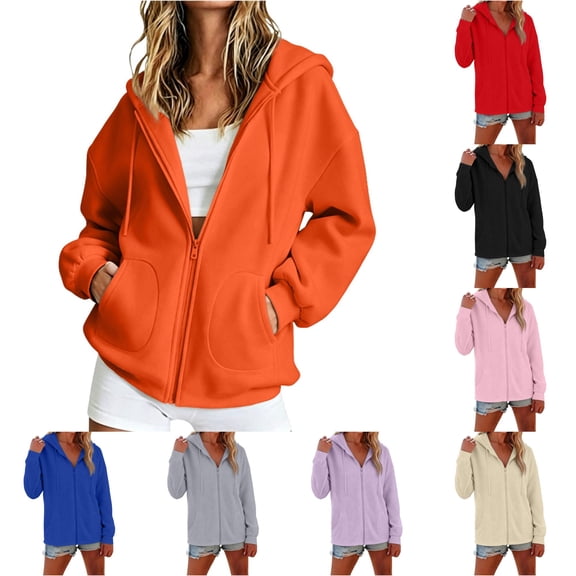 EliteGoogv Womens Zip Up Hoodie Solid Color Drawstring Long Sleeve Casual Hooded Sweatshirt For Women Relaxed Fit Everyday Jacket With Pockets Orange M