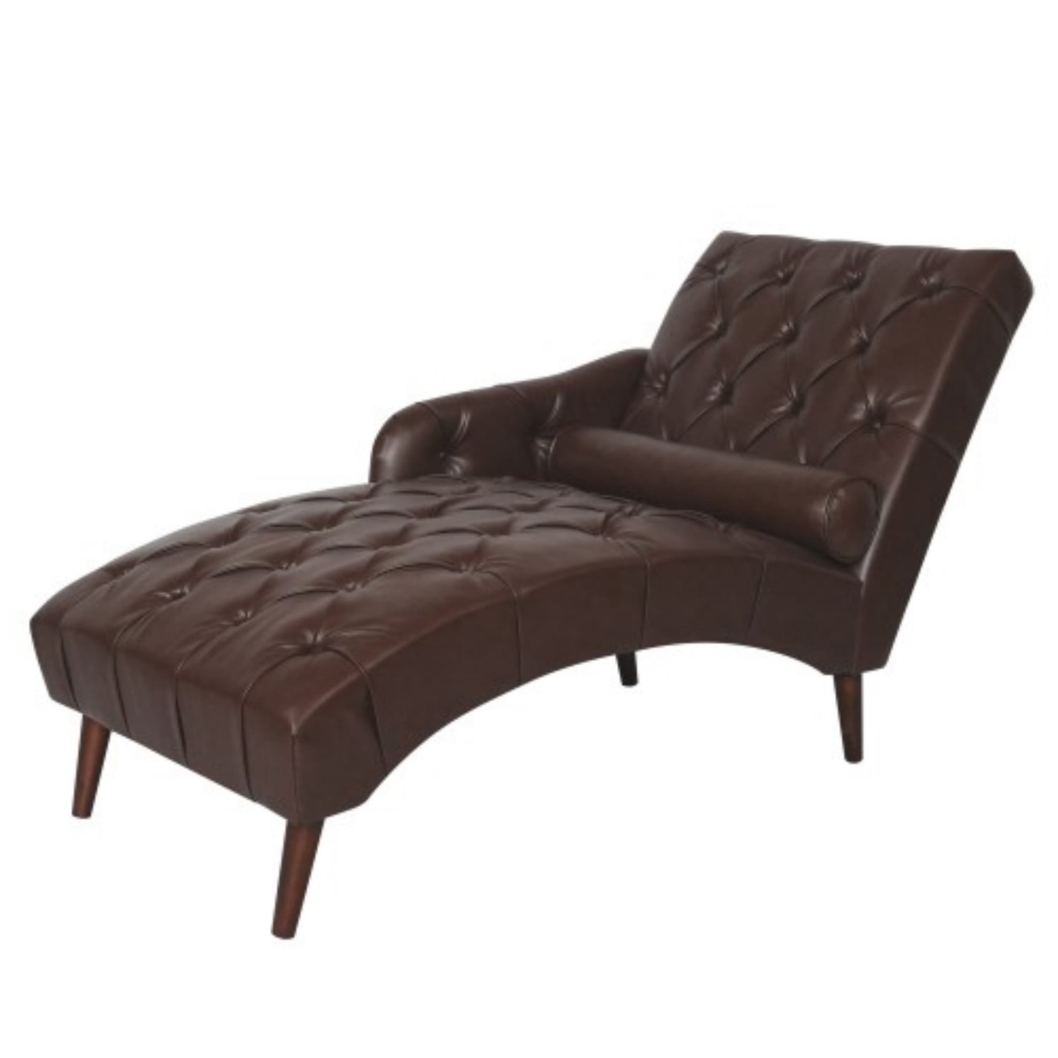 Chaise Lounge Chair with Pillow, Upholstered PU Leather Accent Chair with Tufted Back, Solid Wood Legs & Armrest, Indoor Reading Chaise for Living Room, Bedroom & Office, Dark Brown