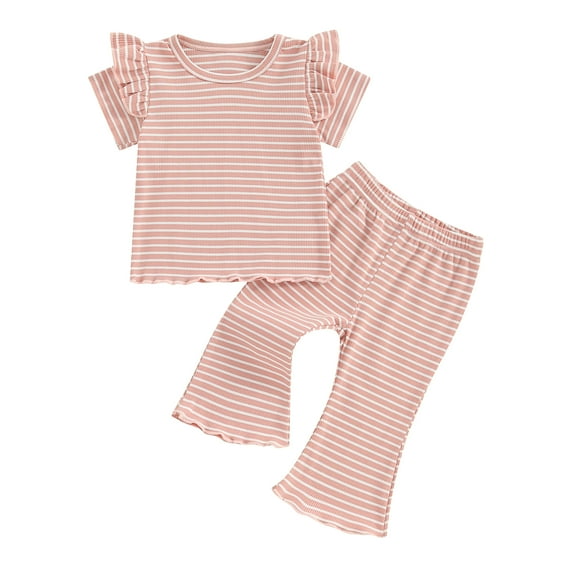 Bagilaanoe 2pcs Toddler Baby Girl Pants Set Short Sleeve Striped T-shirts Tops   Flare Trousers 6M 12M 18M 24M 3T 4T Kids Summer Casual Clothes