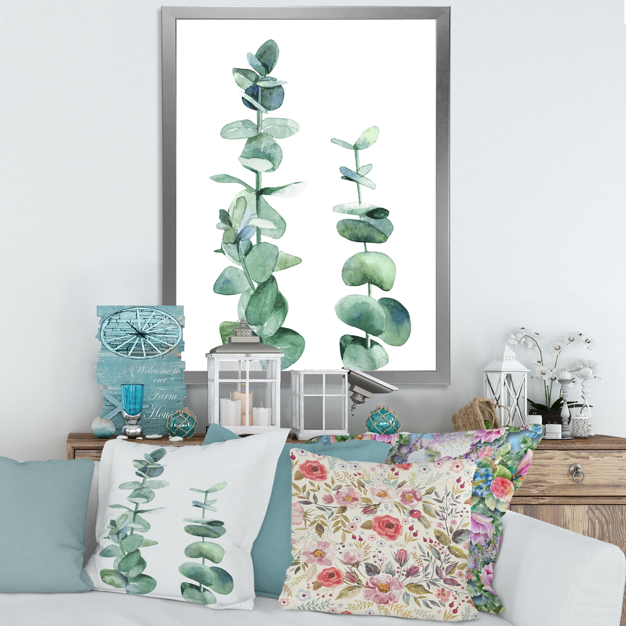 Designart 'Green Eucalyptus Branch' Tropical Framed Art Print