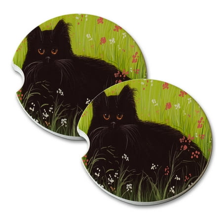 Art Coaster Set KuzmarK Sandstone Car Drink Coaster (set of 2) - Black Persian Cat Art by Denise Every ()
