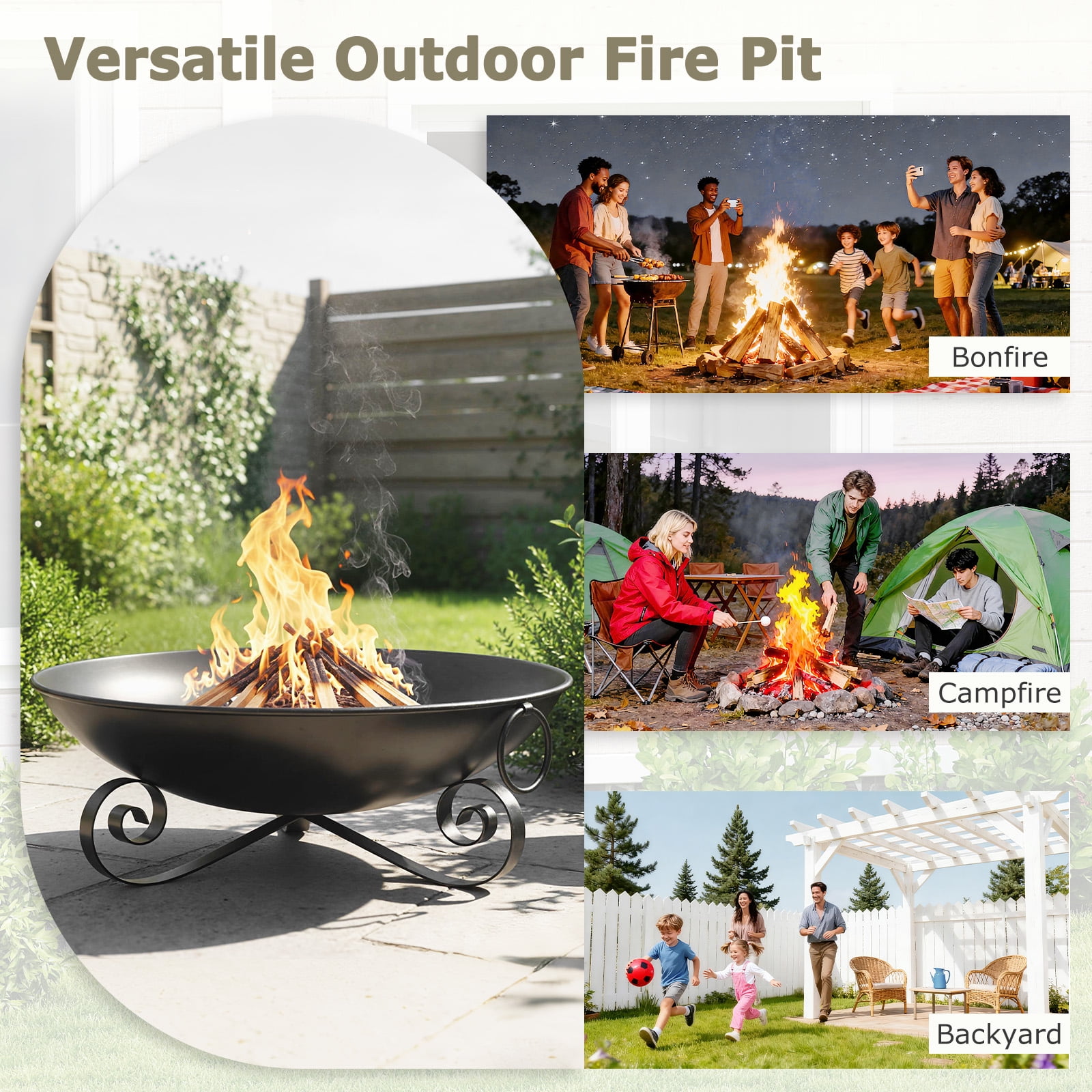 Patiojoy 24 Inch Heavy-Duty Metal Fire Pit Bowl Outdoor Wood-Burning Firepit with Handles