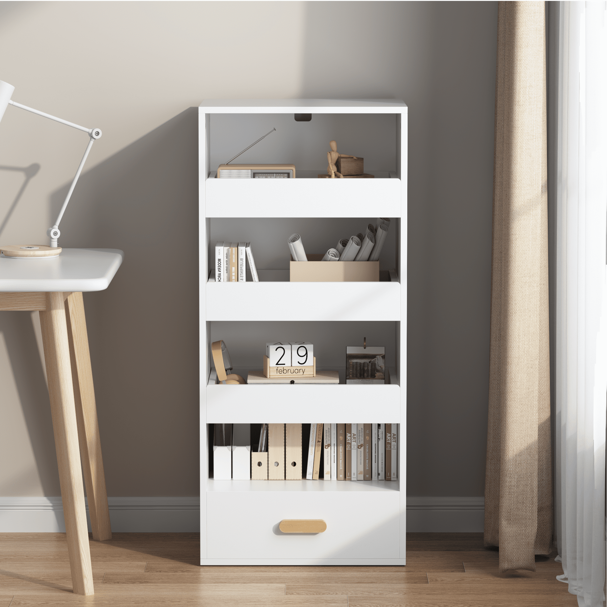 4-Tier Freestanding Bookshelf with 3 Sliding Drawers and 1 Bottom Drawer, White