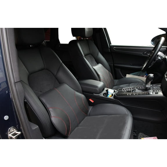 au-kee Lumbar Support for Car, Genuine Leather Memory Foam Pillow Lower Back Cushion for Office Chair with Adjustable Strap (Black)