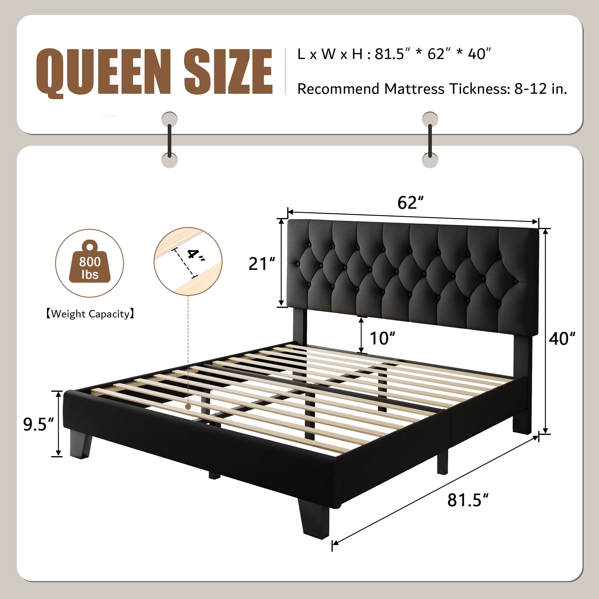 Honfach Queen Size Velvet Bed Frame with Upholstered Button Tufted Headboard, Platform Bed with Wooden Slats Support, Black