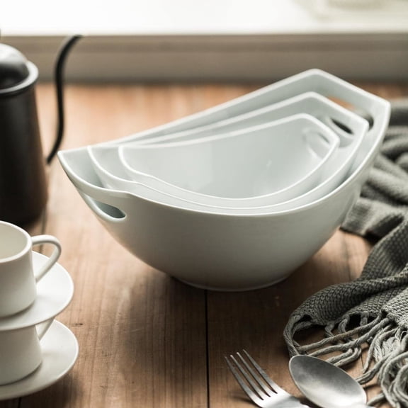 Serving Bowls with Handles, Serving Dishes, Porcelain Salad Bowls Mixing Bowl for Entertaining, Nesting Bowl Set of 3, Microwave Dishwasher Safe, 15/28/47 oz, White