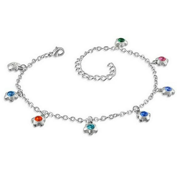 Stainless Steel Silver-Tone Multicolor CZ Flowers Womens Adjustable Anklet Bracelet