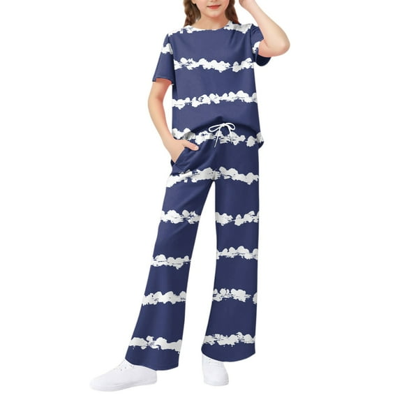 Abcomgle Lounge Sets for Girls 10-12 Girls 2 Piece Outfits Striped Short Sleeve Shirts and Wide Leg Pants Set Cute Casual Girls Lounge Set,5-6 Years