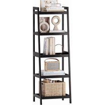 Bamboo Ladder Bookcase, Bathroom Storage Rack Organizer, 4 Tier and 5 Tier Freestanding Plant Display Stand Space Saver Shelves for Bedroom, Kitchen, Balcony (Black, 5 Tiers (50" H))