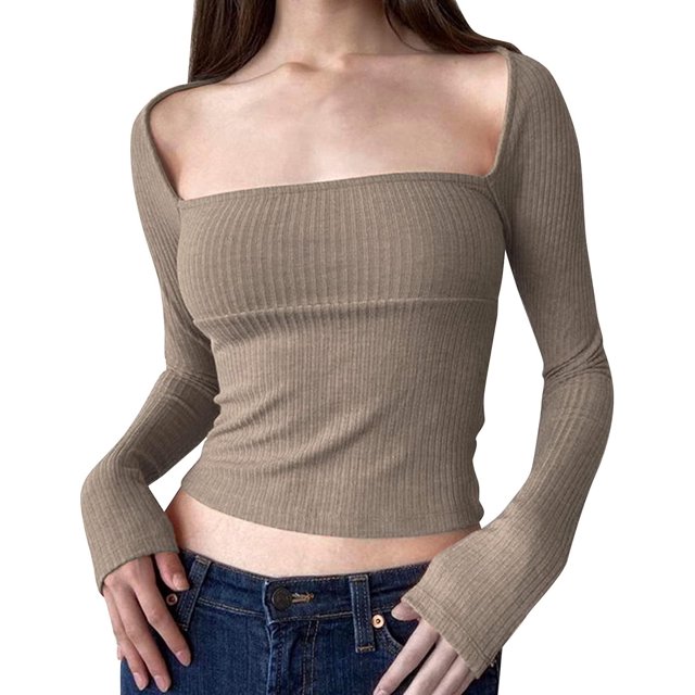 Women's Sexy Long Sleeve Square Neck Basic Slim Fitted Ribbed Knit Tee Shirts Crop Tops