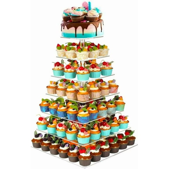 7 Tier Cupcake Stand for 100 Cupcakes, Cake and Cupcake Combo Dessert Tower Holder, Clear Acrylic Cupcake Riser, Large Pastry Cupcake Display for Birthday Wedding Party…