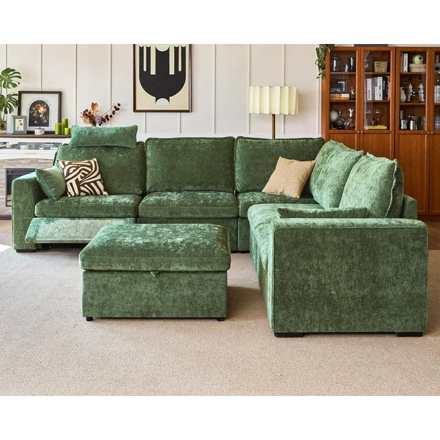 BEDEEP Canapé Inclinable Électrique 120 Pieds' avec Console d'Appui-tête, Canapé Sectionnel en Chenille avec Rangement Ottoman Chaise Longue, Canapé Convertible 6 Places pour Salon RV, Vert