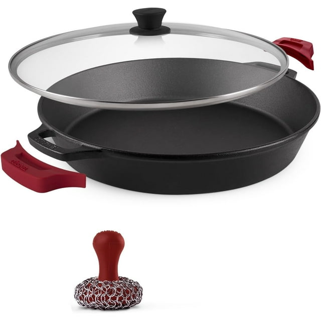 Ensemble de Poêles en Fonte + Couvercles en Verre &#;+&#;+&#;Poêles à Frire + Couvercles Porte-Poignée en Silicone Batterie de Cuisine pour Four Pré-Assaisonnée Utilisation Intérieure/extérieure Gril Cuisinière Camping F